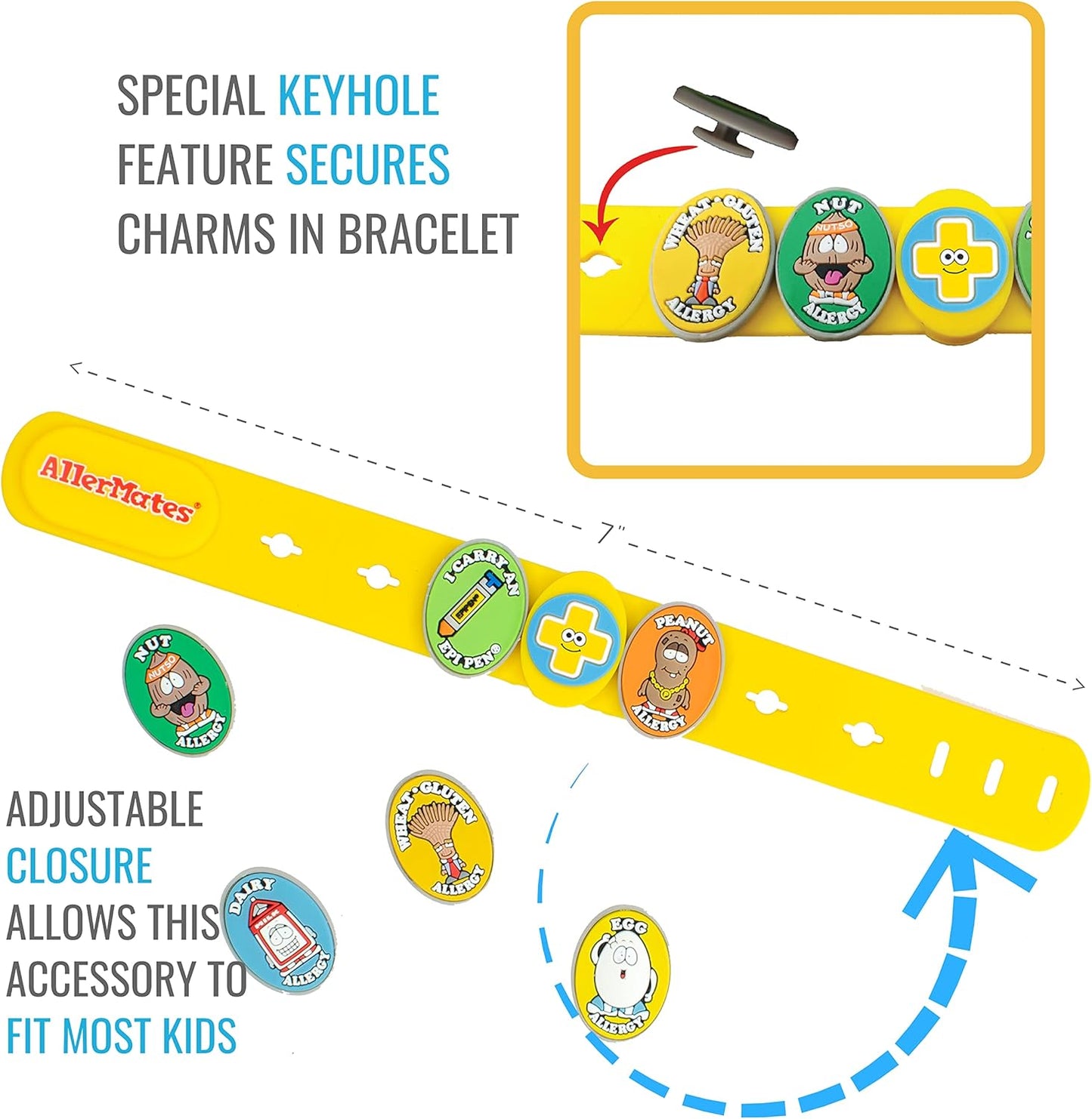 Food Allergy Bracelets for Kids – Bright, Fun Medical Charm Kit: Yellow Silicone Bracelet, Multiple Food Allergy Charms: Peanut, Nut, Dairy, Egg, Wheat & Epi Pen Charm, Medical Alert Bracelet for Kids