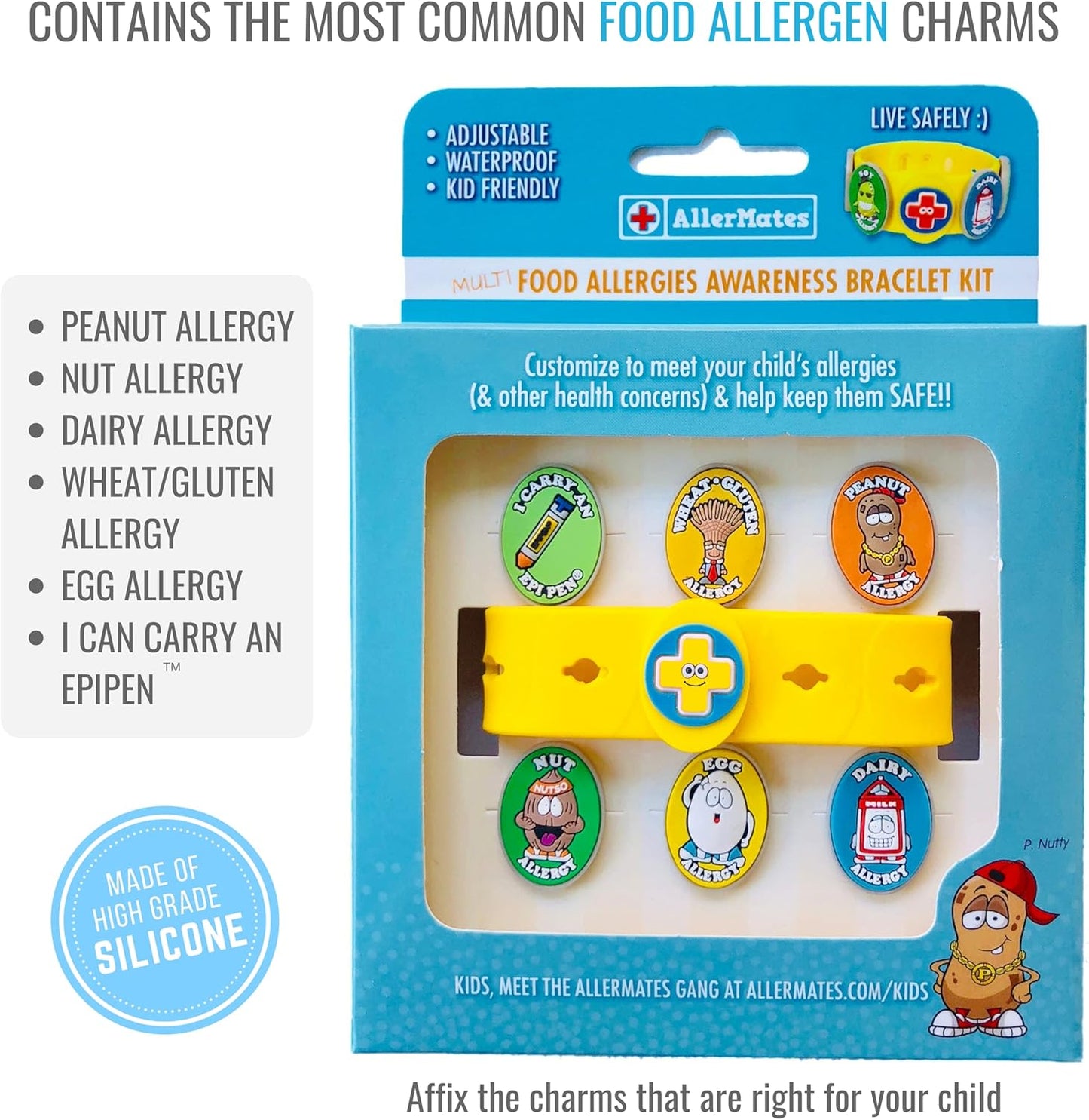 Food Allergy Bracelets for Kids – Bright, Fun Medical Charm Kit: Yellow Silicone Bracelet, Multiple Food Allergy Charms: Peanut, Nut, Dairy, Egg, Wheat & Epi Pen Charm, Medical Alert Bracelet for Kids