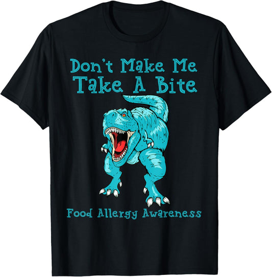 Kids Food Allergy Awareness T Shirt Boys Teal Rex Dinosaur T-Shirt